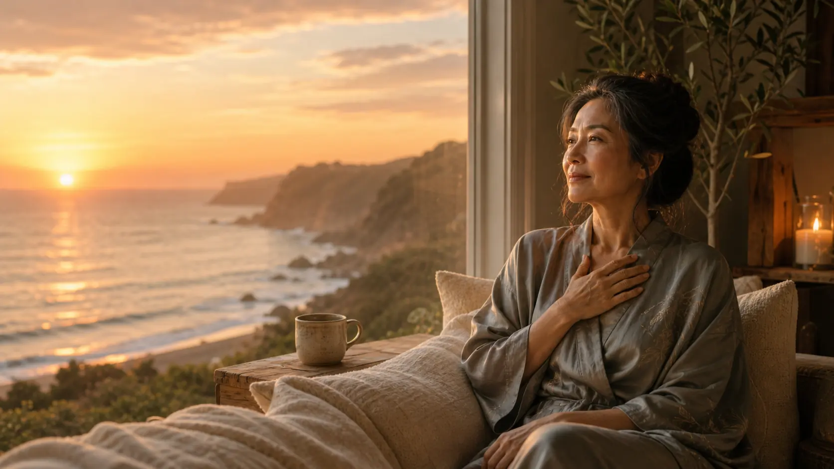 Woman resting one hand near her heart beside a coastal sunset window