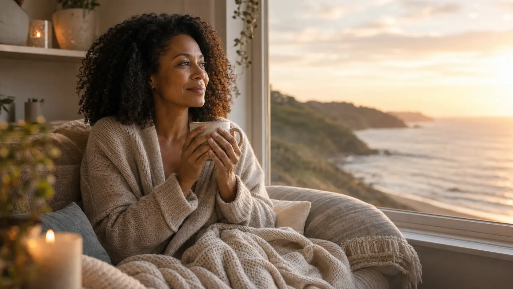 Woman with natural curls holding a mug near a golden coastal window