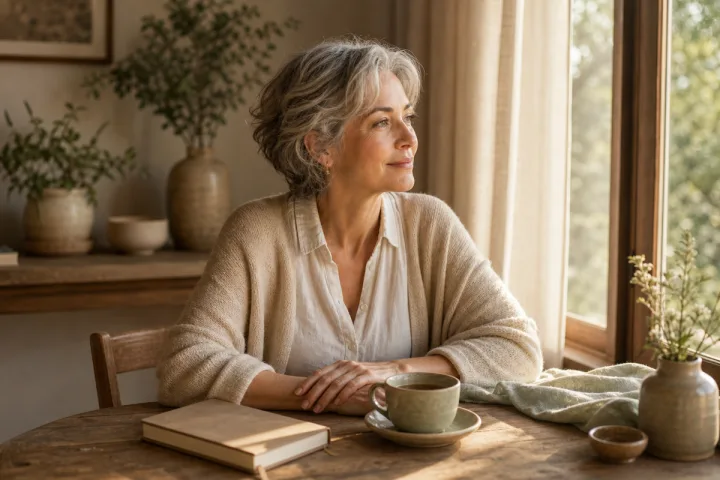 Woman with tea and a journal in soft window light