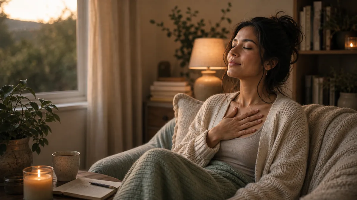 Woman with a hand resting on her chest, breathing slowly, calm returning, candle nearby.