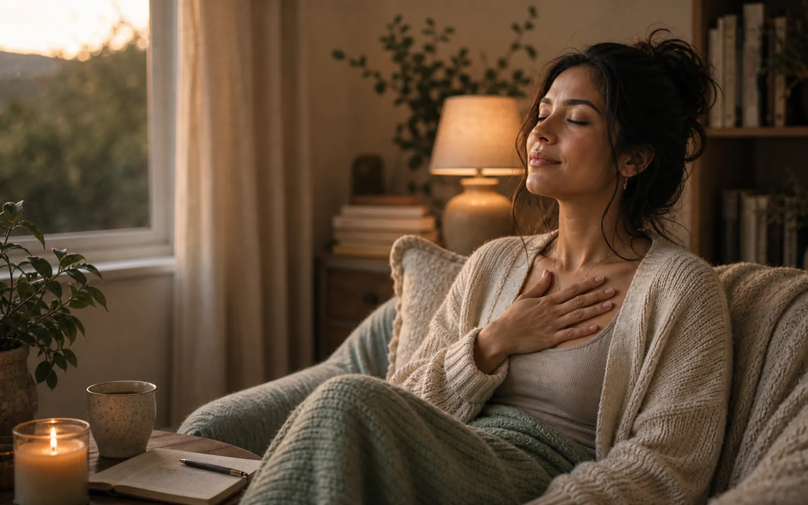 Woman with a hand resting on her chest, breathing slowly, calm returning, candle nearby.