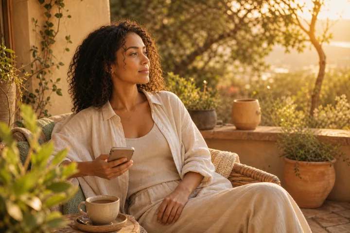Woman outdoors with a phone and tea in warm garden light