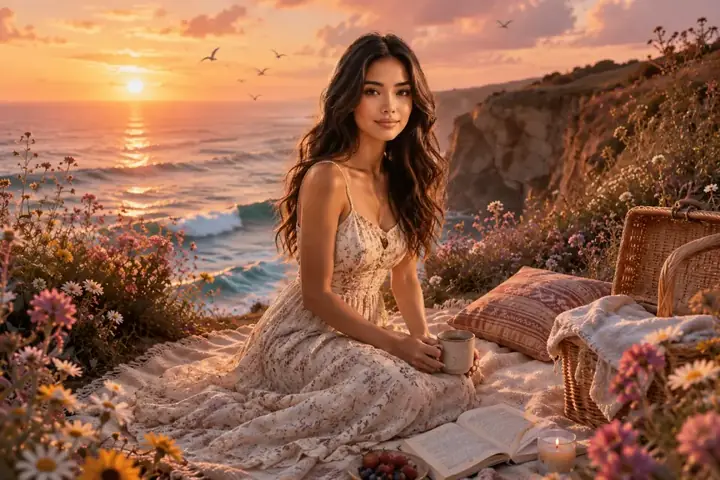 Woman sitting on a blanket by the ocean at sunset with tea