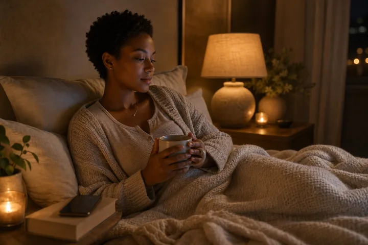 Woman wrapped in a blanket in warm lamplight at night