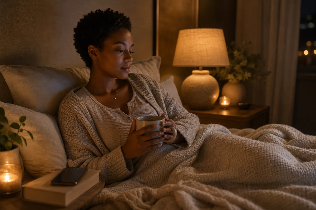 Woman wrapped in a blanket in warm lamplight at night