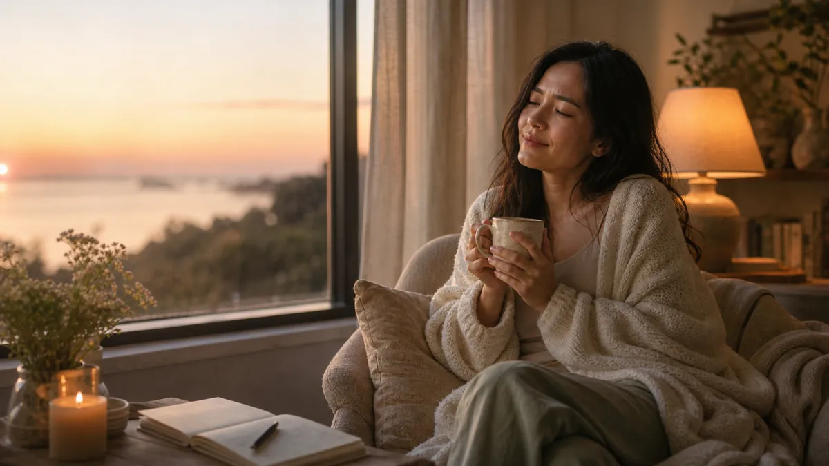 Woman by a window at dusk, a flicker of a wince softening into calm, warm lamplight.