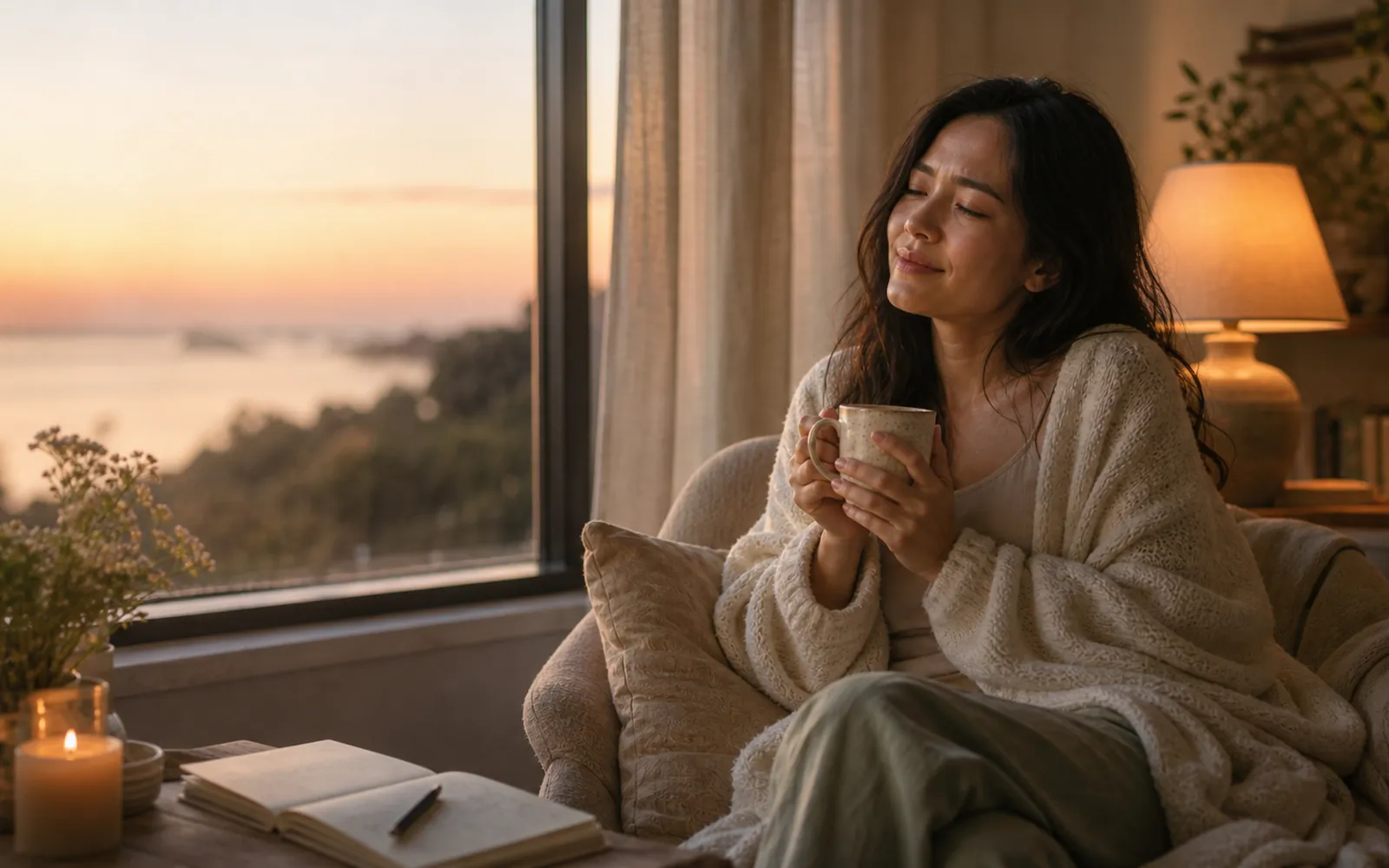 Woman by a window at dusk, a flicker of a wince softening into calm, warm lamplight.