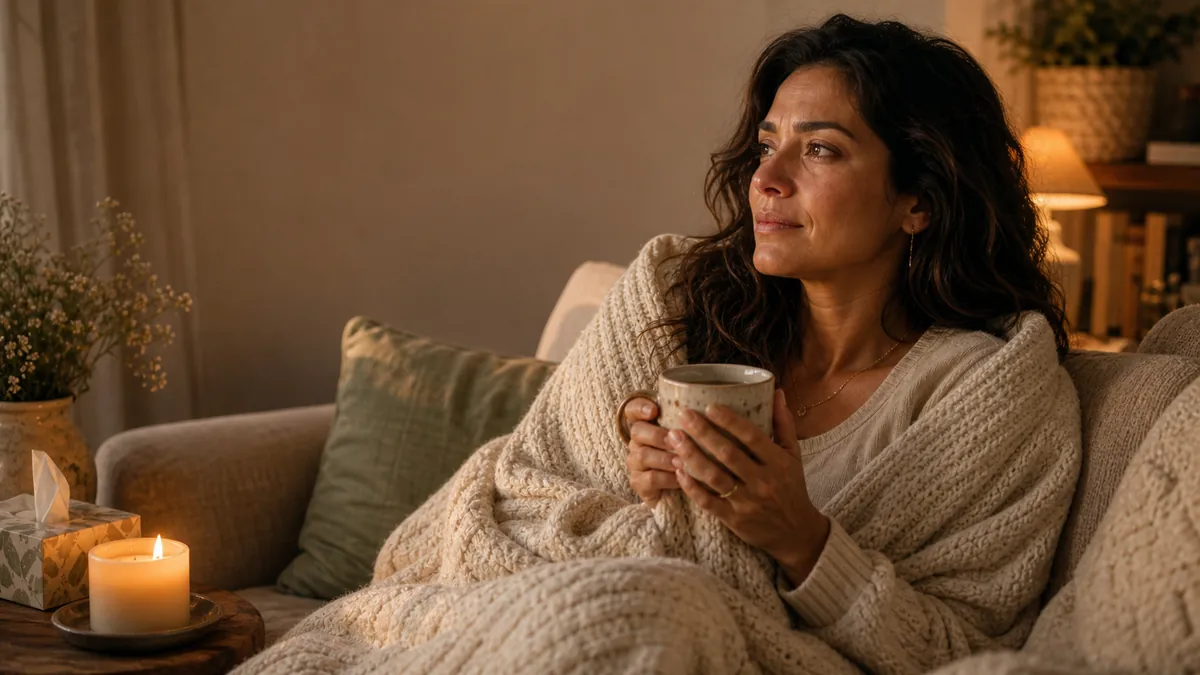Woman with soft, tearful relief on her face, wrapped in a blanket near a candle, tender warm light.