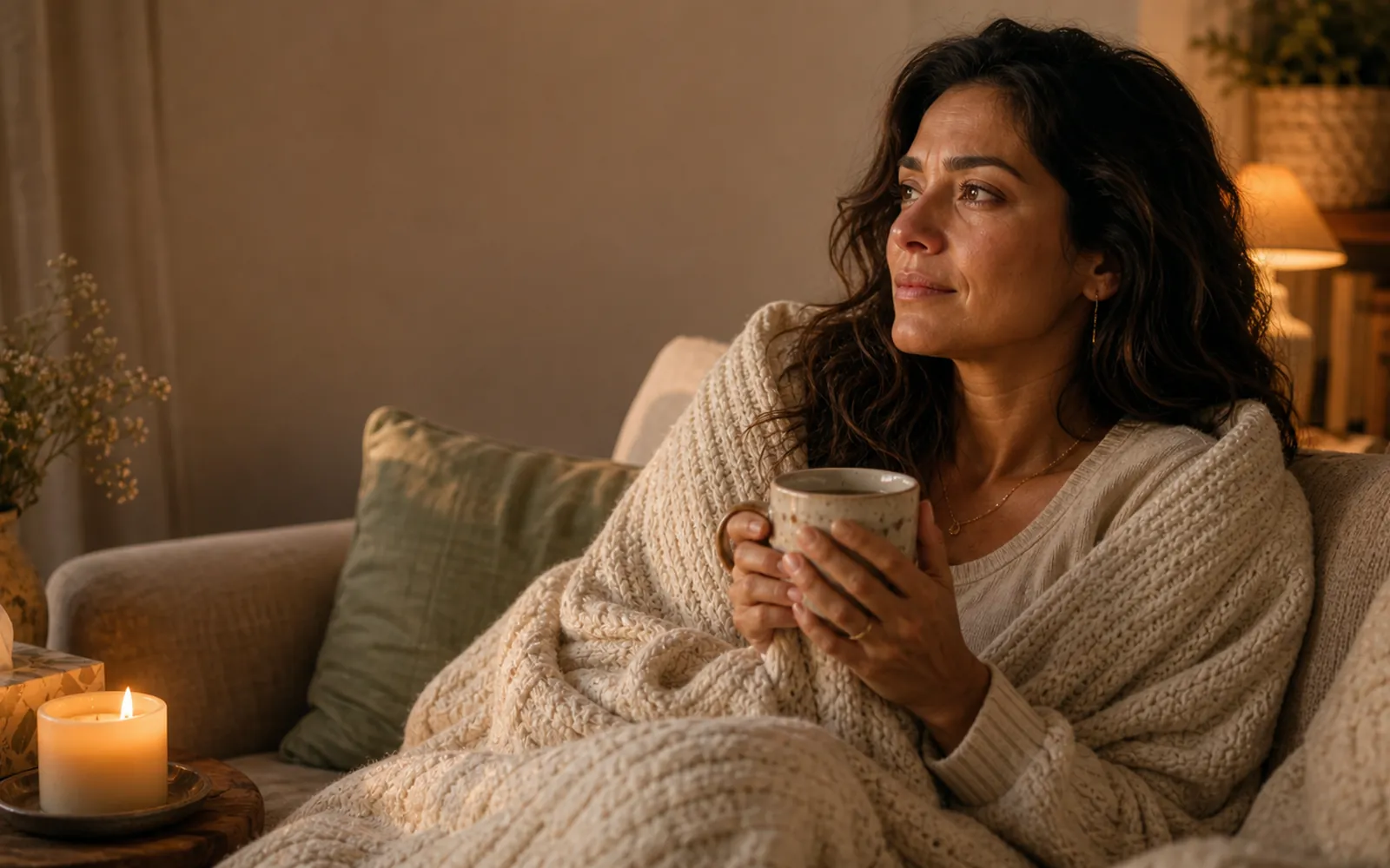 Woman with soft, tearful relief on her face, wrapped in a blanket near a candle, tender warm light.