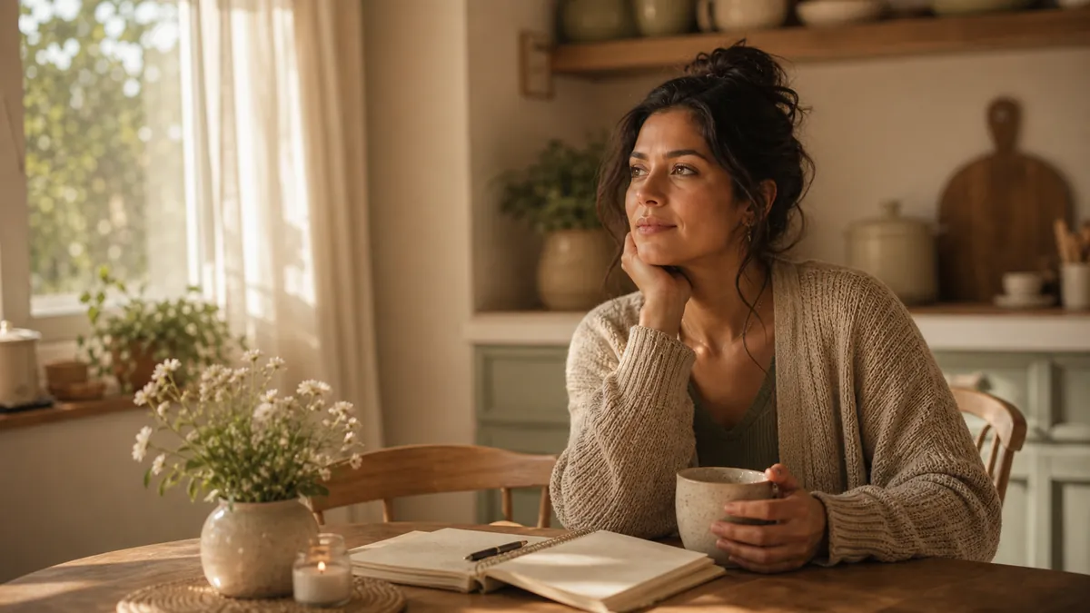 Woman at a kitchen table with a mug, gently overwhelmed but calm, soft afternoon light.
