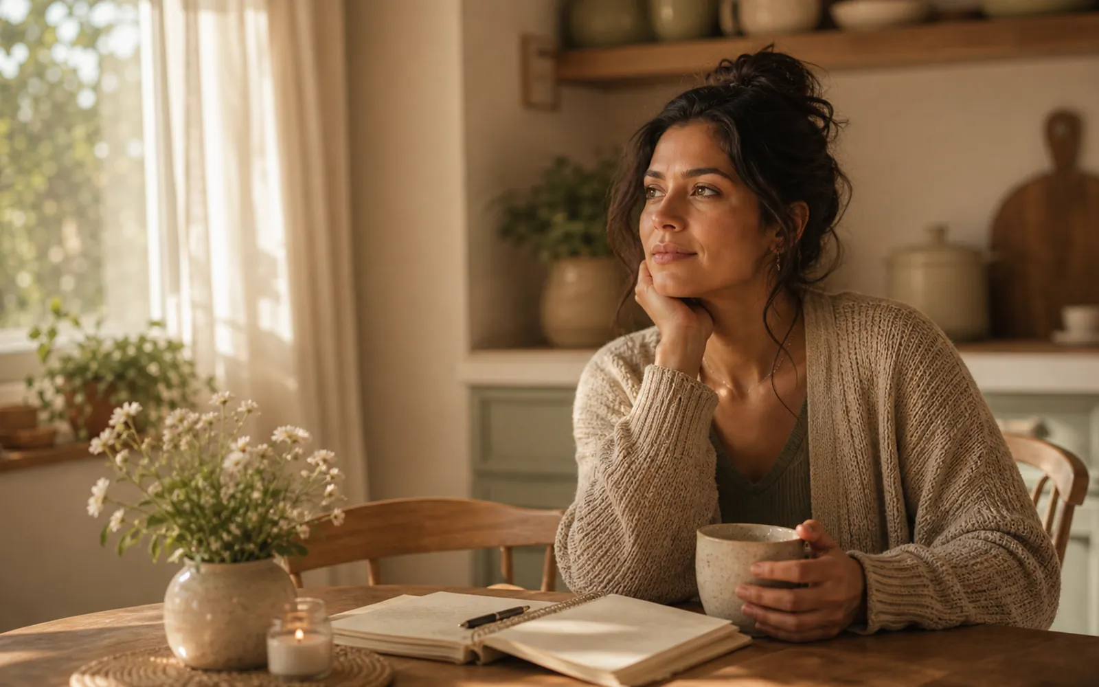 Woman at a kitchen table with a mug, gently overwhelmed but calm, soft afternoon light.