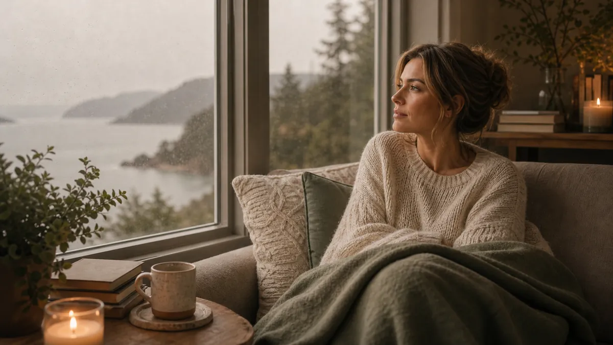 Woman by a window, quiet and a little distant but tender (not bleak), soft muted light.