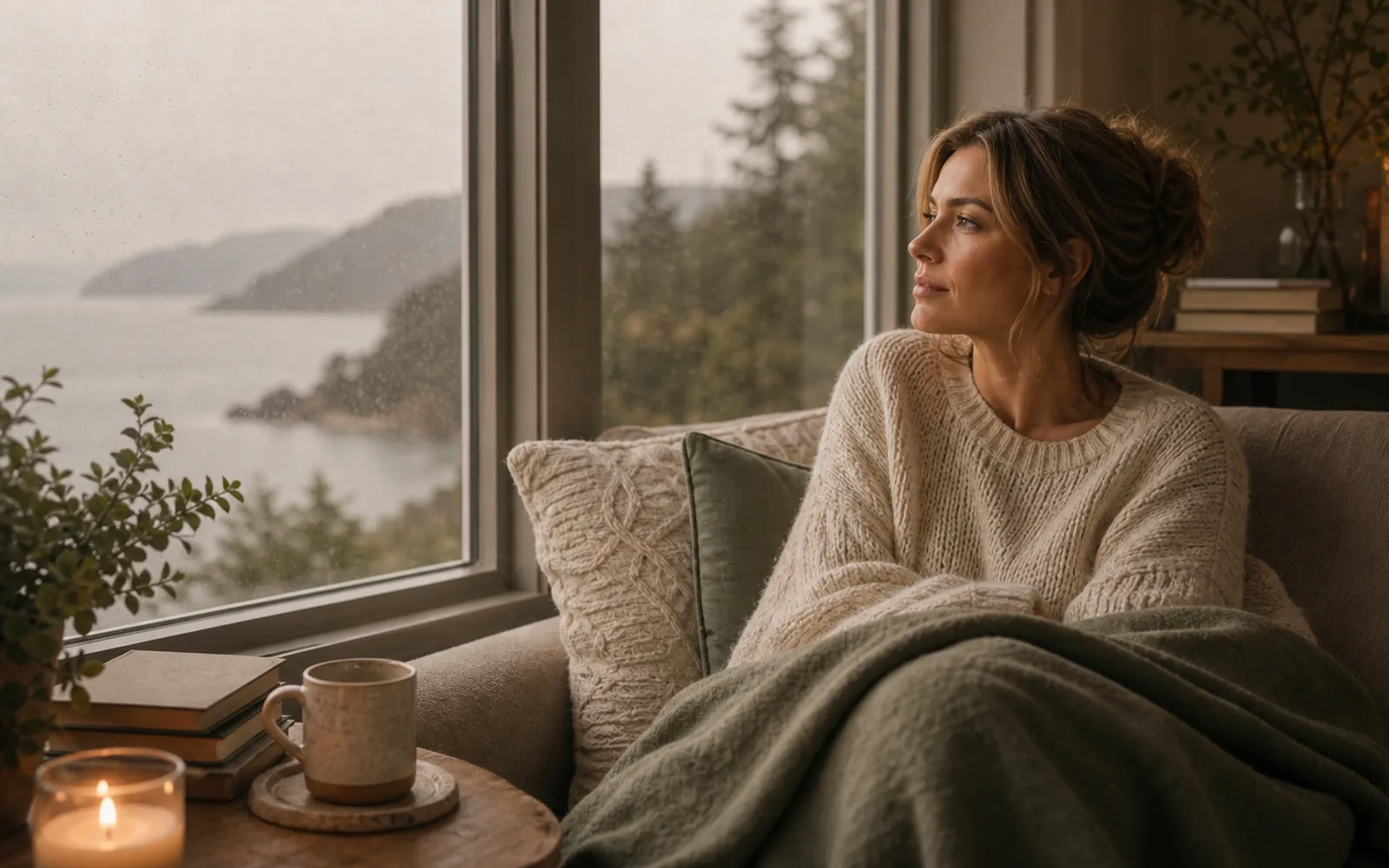 Woman by a window, quiet and a little distant but tender (not bleak), soft muted light.