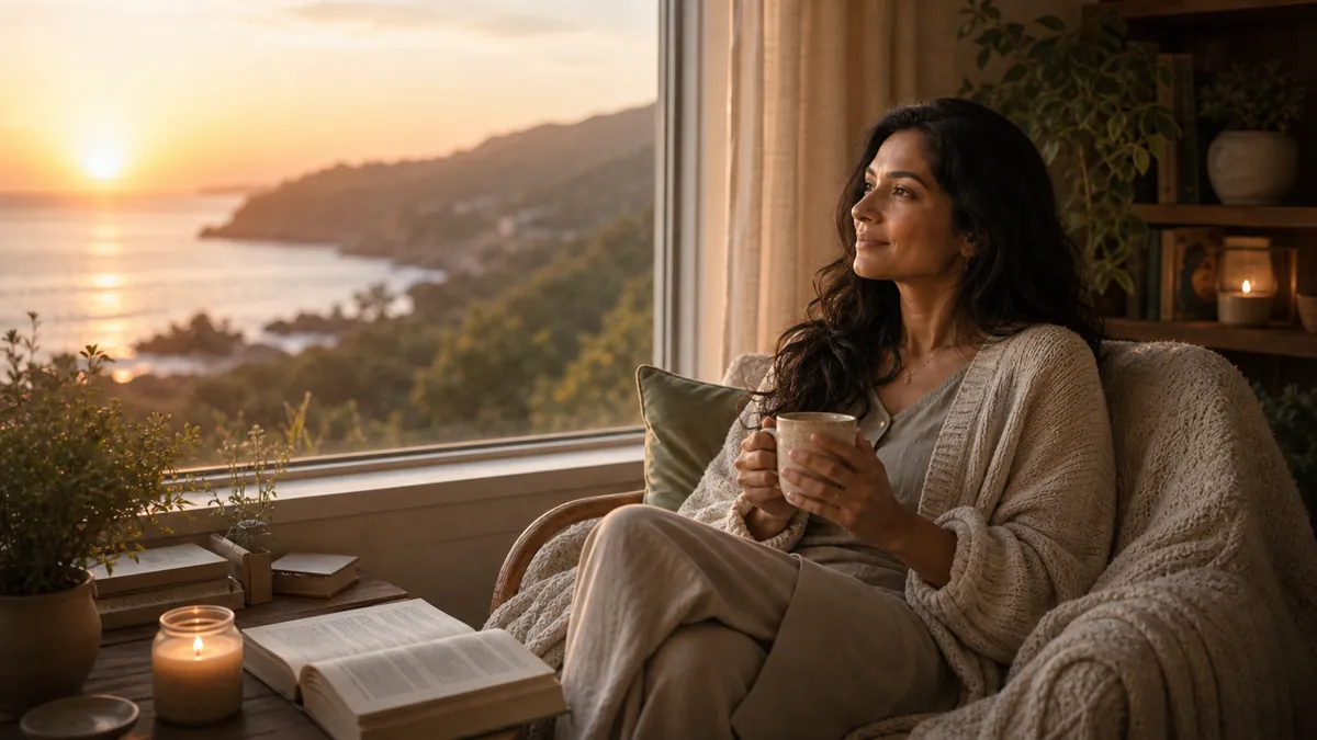 Woman at peace by a window at sunrise, soft hopeful light.