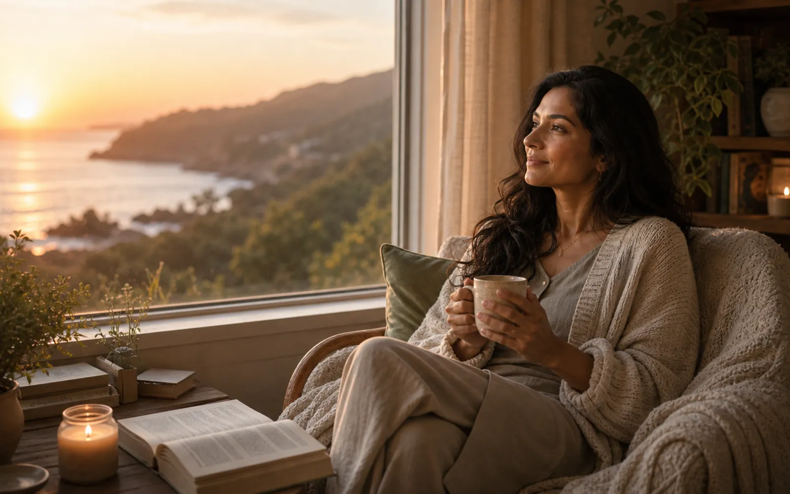 Woman at peace by a window at sunrise, soft hopeful light.
