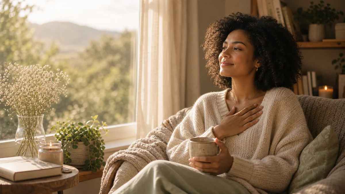 Woman with a small, soft smile, hand near her heart, quiet joy, warm light.