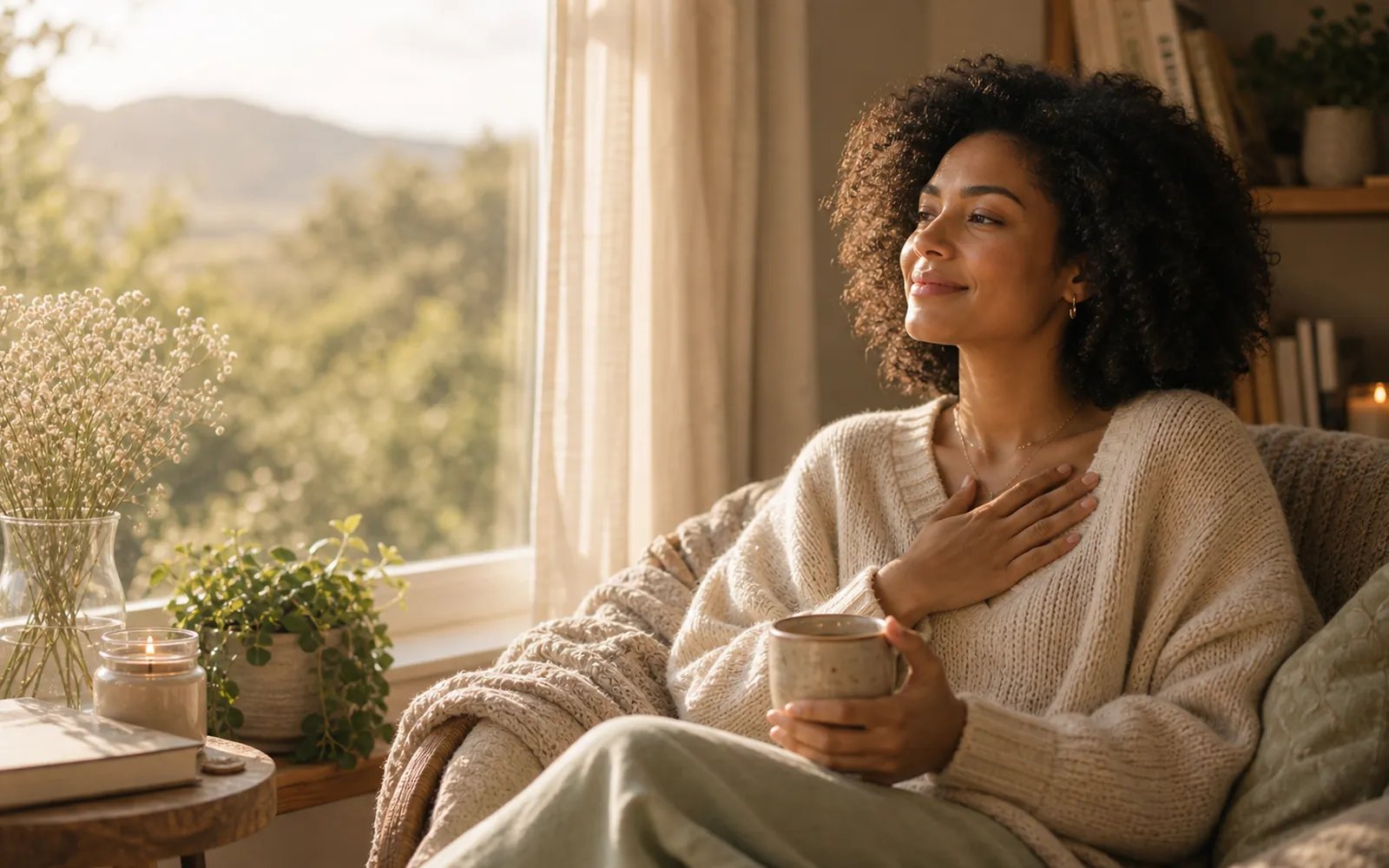 Woman with a small, soft smile, hand near her heart, quiet joy, warm light.