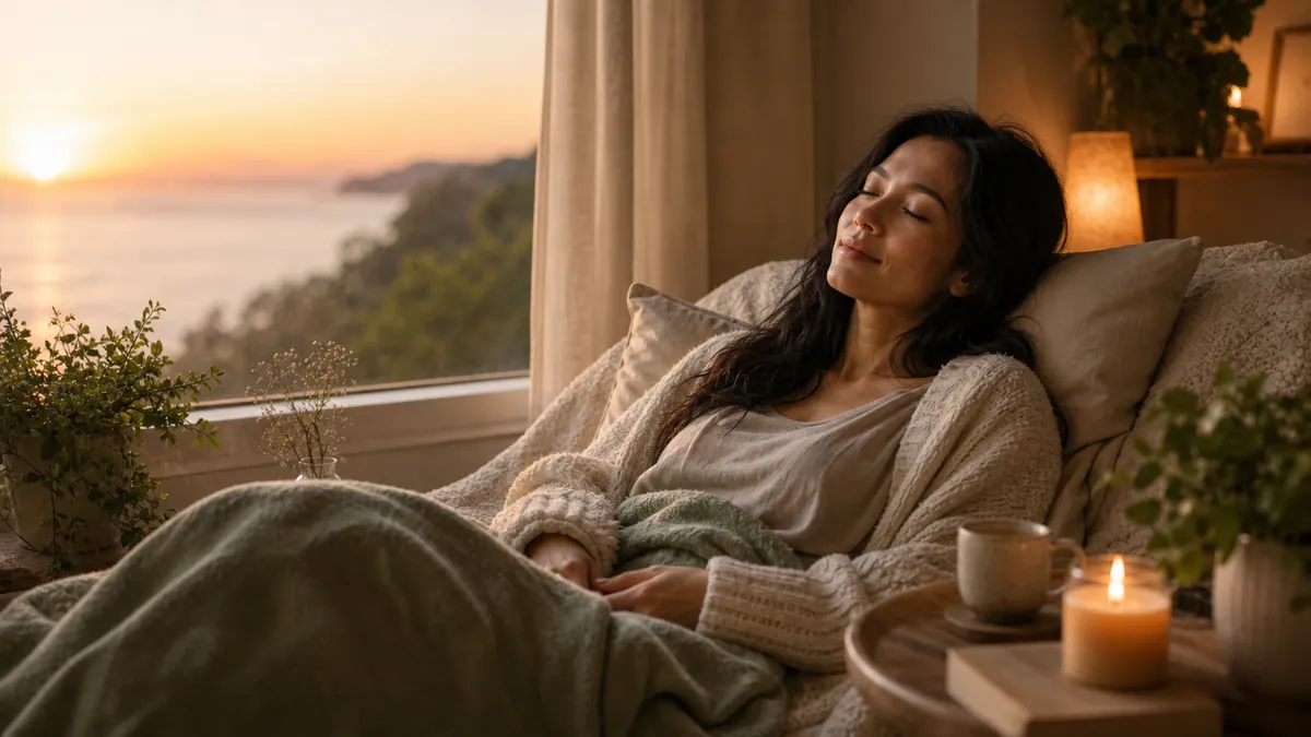 Woman lying back against cushions near a candle, finally letting go, warm evening light.