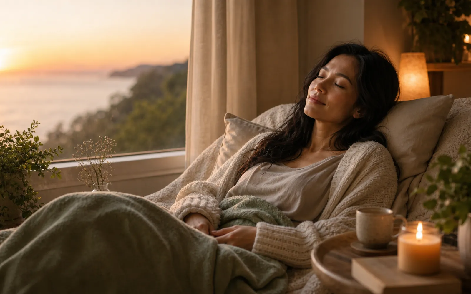 Woman lying back against cushions near a candle, finally letting go, warm evening light.