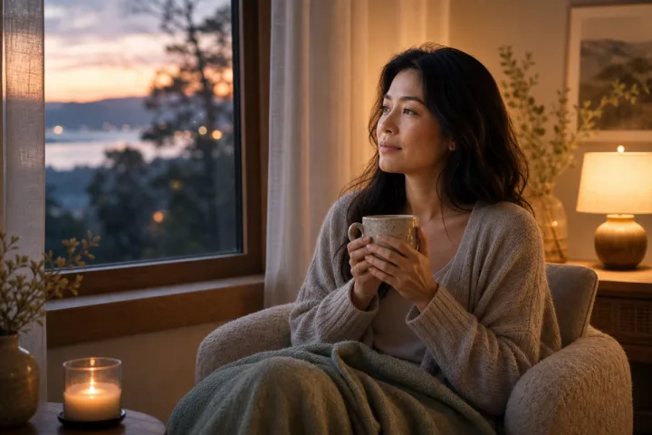 Woman resting by a window at dusk with a mug