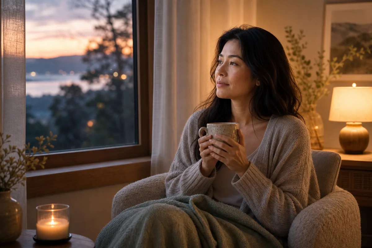 Woman resting by a window at dusk with a mug