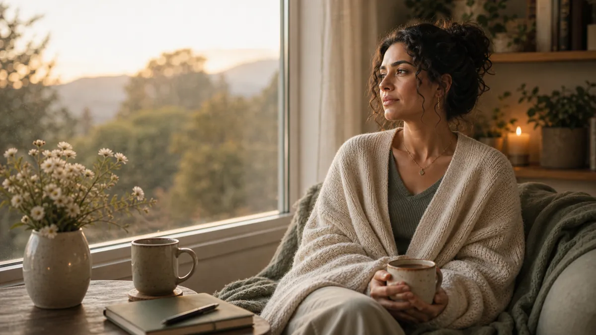 Woman contemplative and honest, not falsely smiling, soft window light.