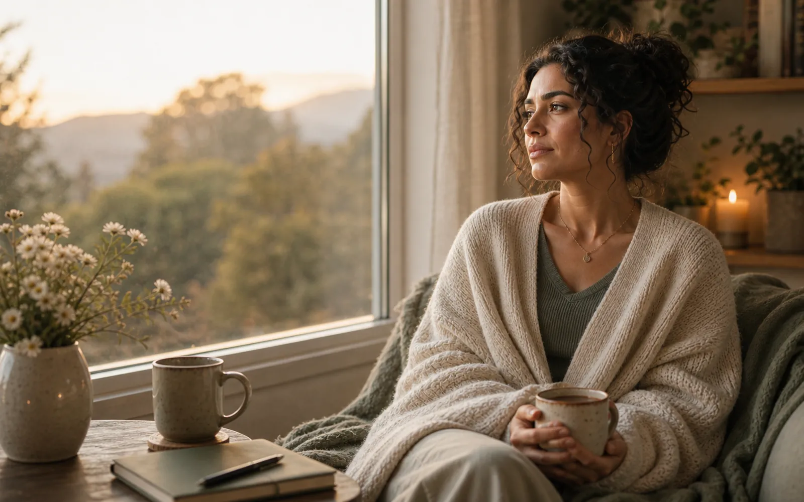 Woman contemplative and honest, not falsely smiling, soft window light.