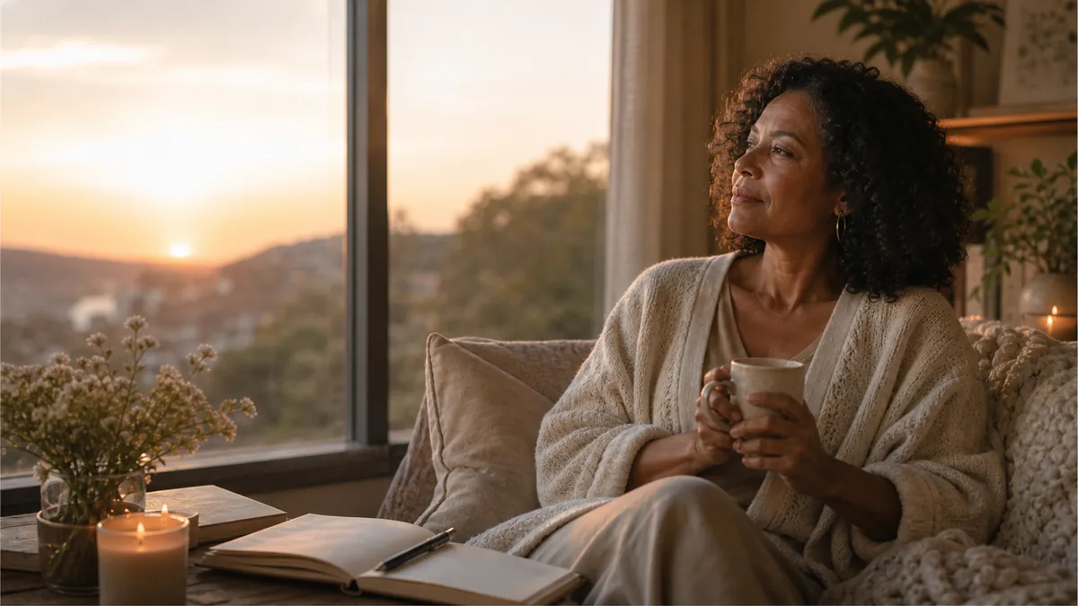 Woman quiet and thoughtful by a window in a warm interior, a sense of gentle distance.