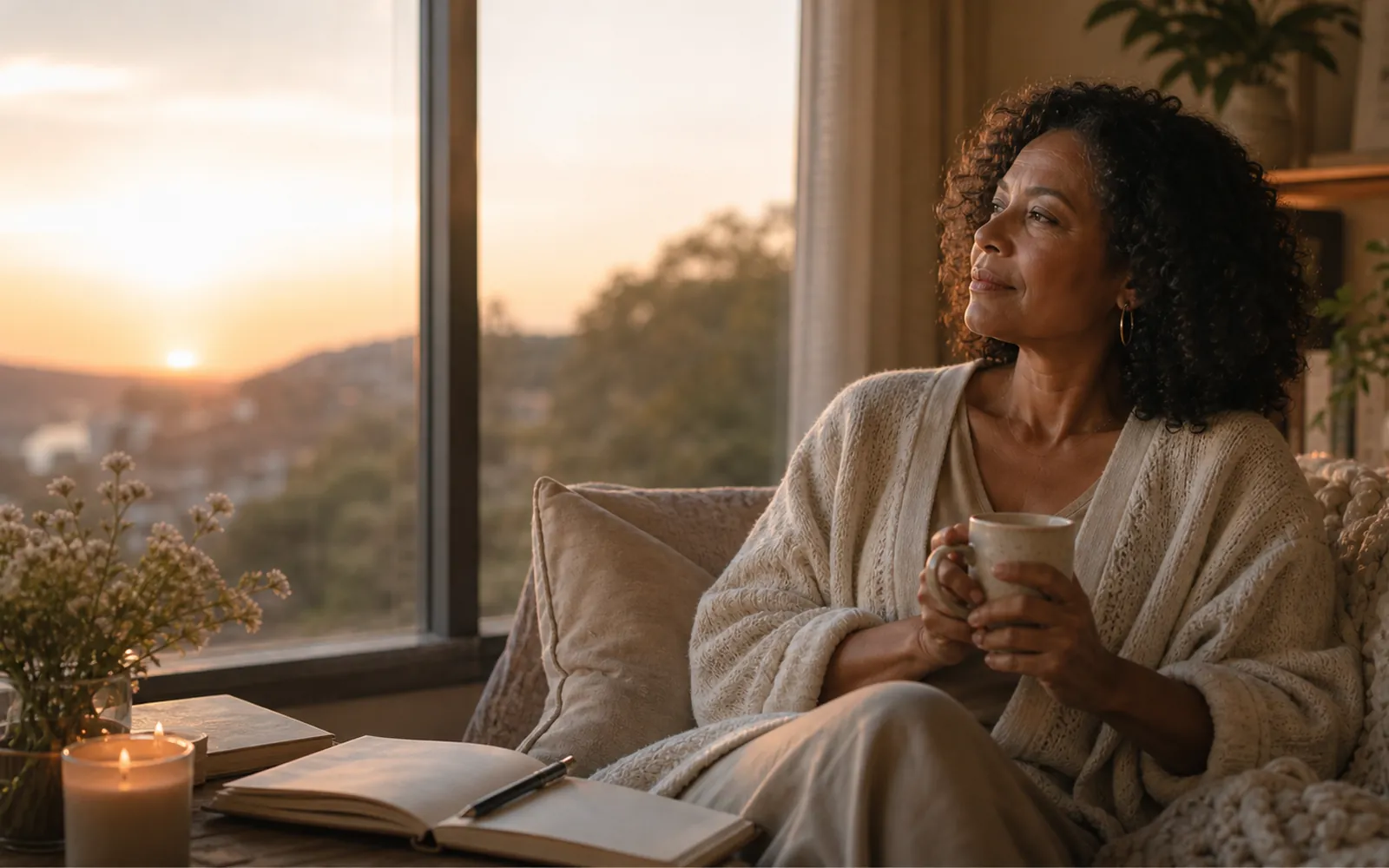 Woman quiet and thoughtful by a window in a warm interior, a sense of gentle distance.