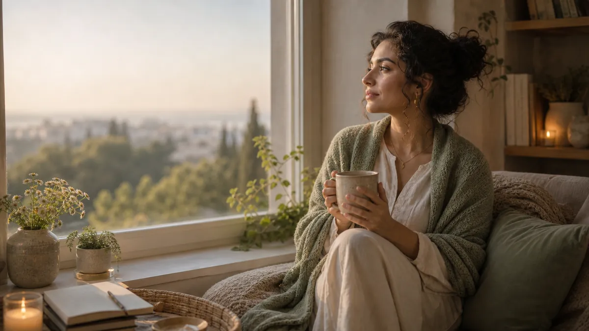 Woman with tea looking out a window with quiet hope, warm morning light.