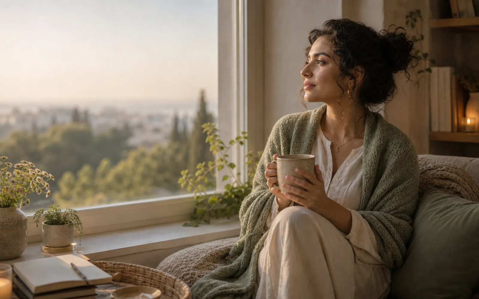 Woman with tea looking out a window with quiet hope, warm morning light.