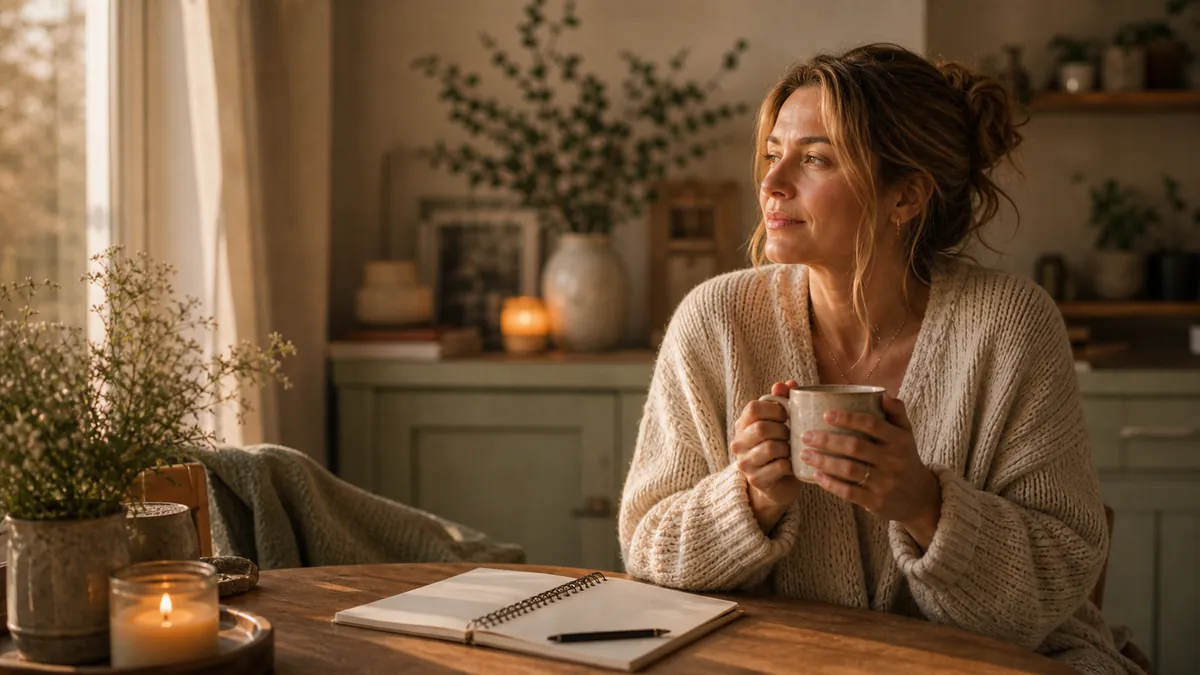 Woman amid soft domestic warmth, momentarily still with a mug, gentle light.