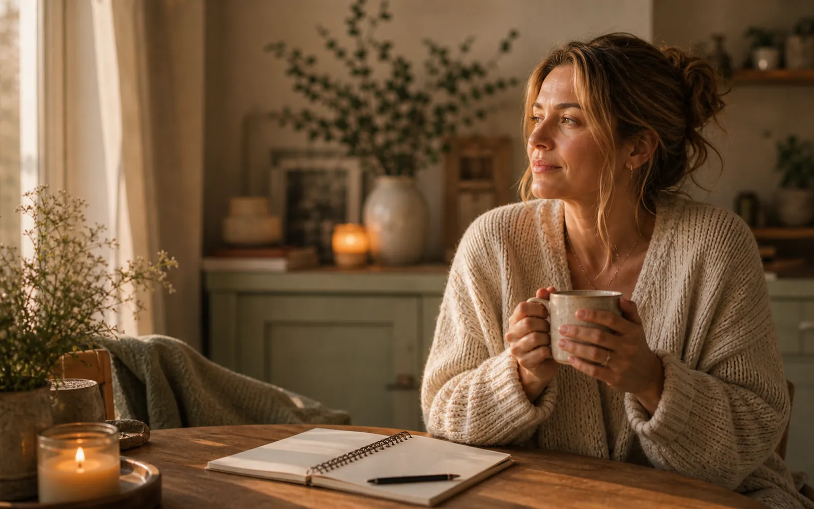 Woman amid soft domestic warmth, momentarily still with a mug, gentle light.