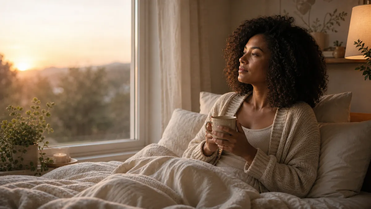 Woman waking in soft morning light with a mug, gentle and unhurried.