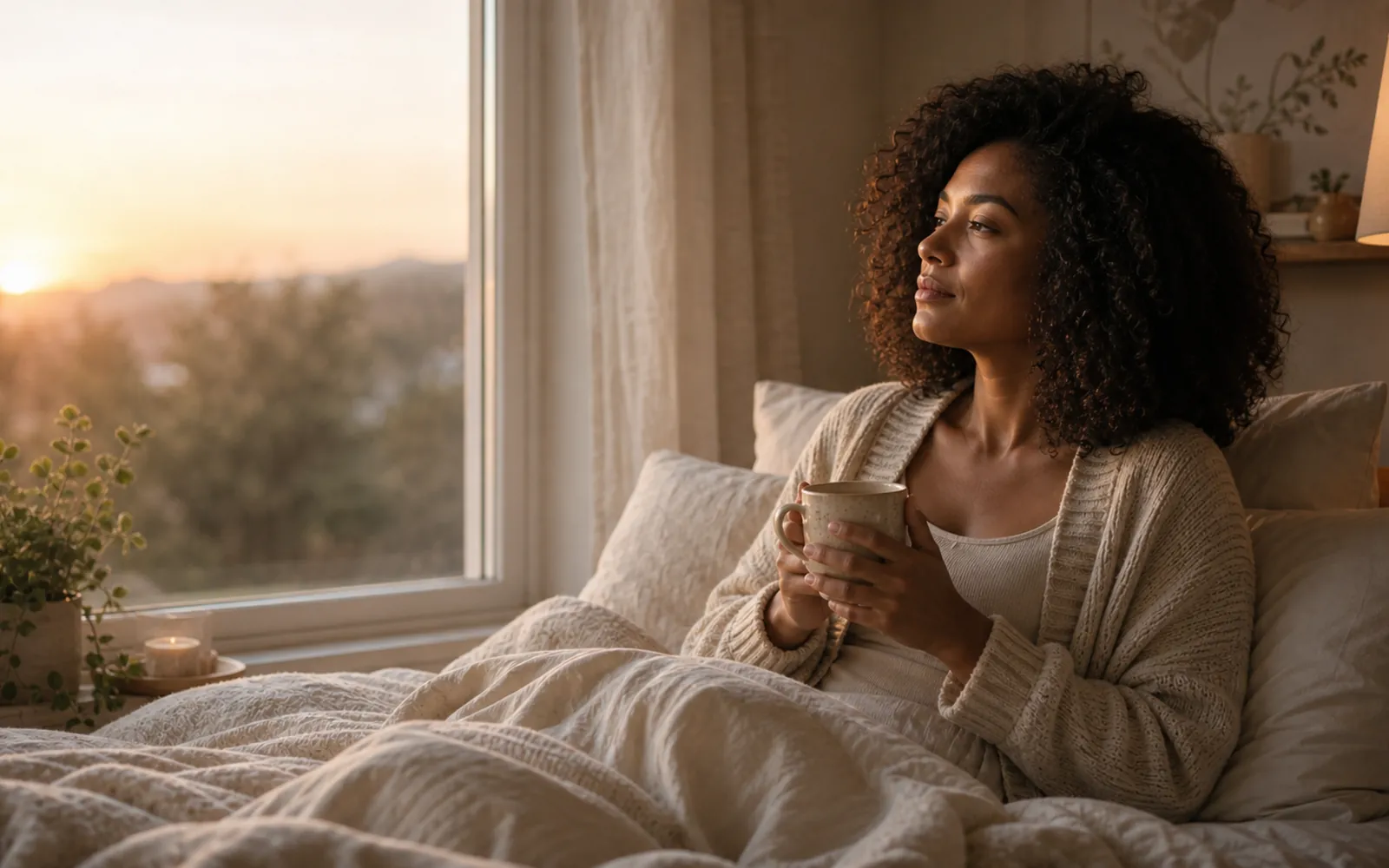 Woman waking in soft morning light with a mug, gentle and unhurried.