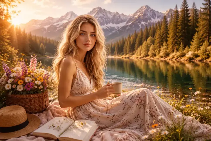 Woman sitting by a mountain lake with tea at golden hour