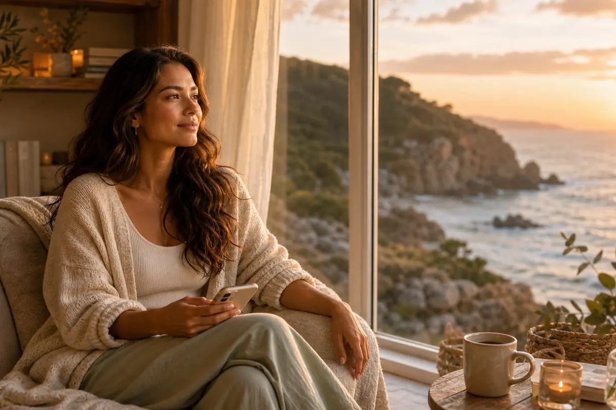 Woman outdoors in gentle light, looking calm and self-possessed, phone in hand.