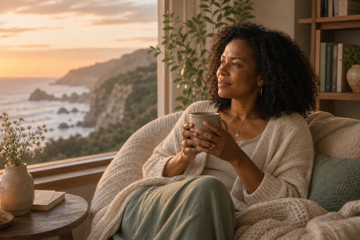 Woman speaking softly and openly, unguarded and at ease, warm gentle light.