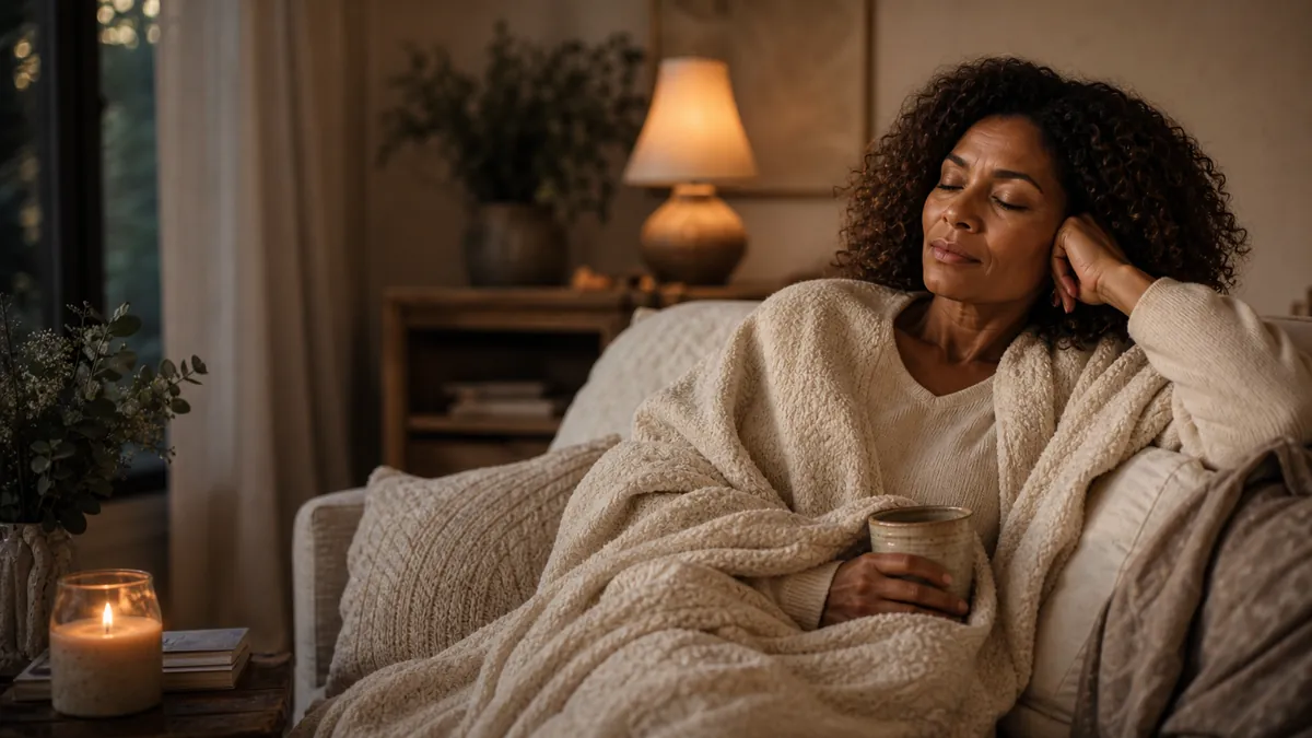 Woman wrapped in a blanket, eyes closed, resting deeply, soft candle glow.