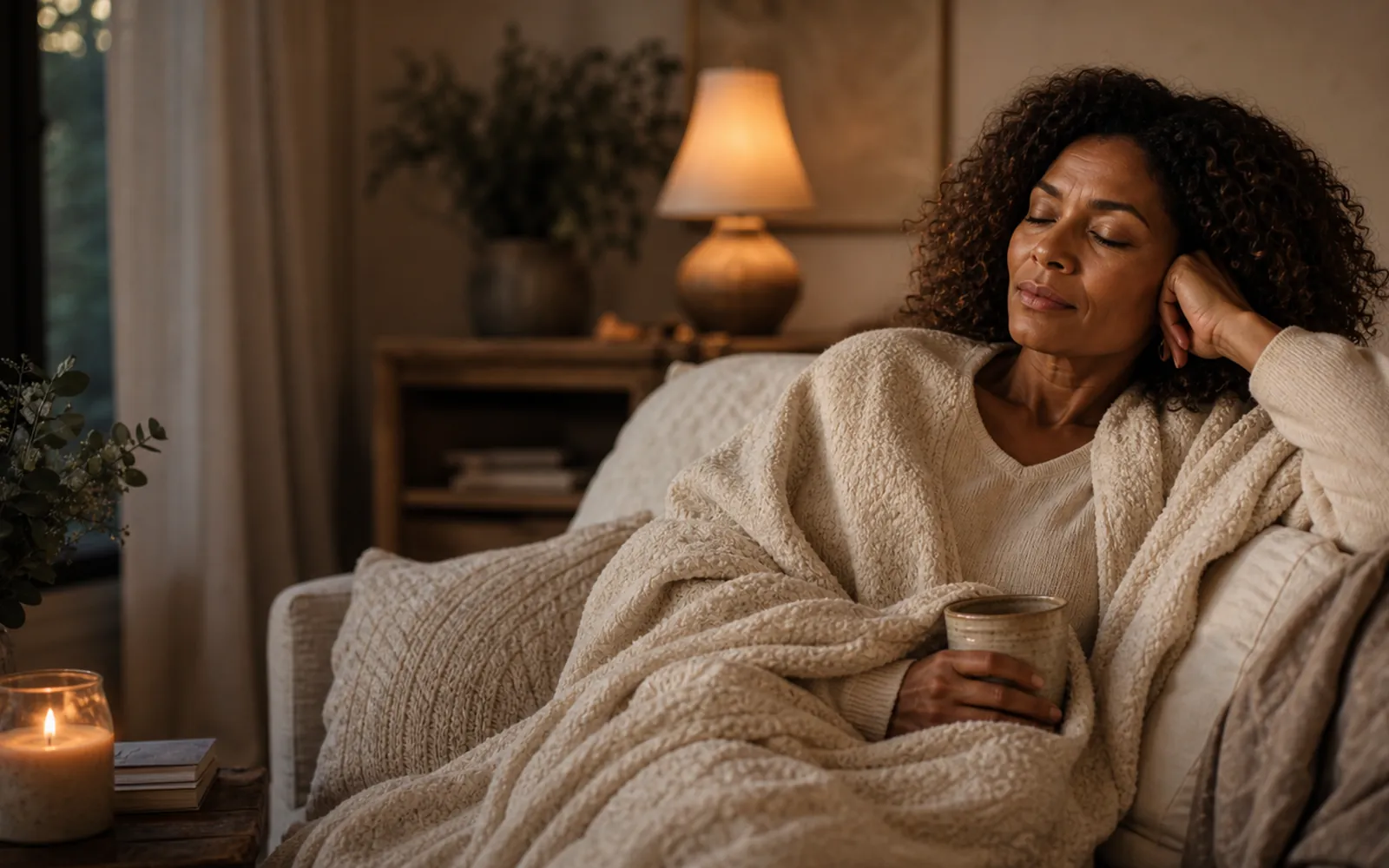 Woman wrapped in a blanket, eyes closed, resting deeply, soft candle glow.
