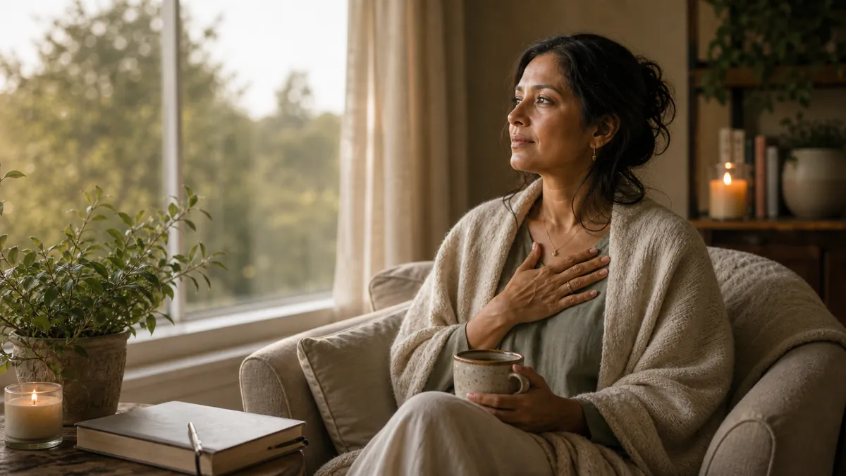 Woman with a hand on her chest, grounding herself, calm and steady, soft light.