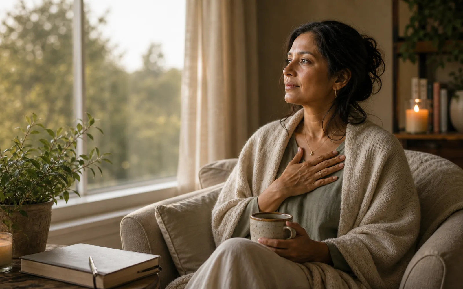 Woman with a hand on her chest, grounding herself, calm and steady, soft light.