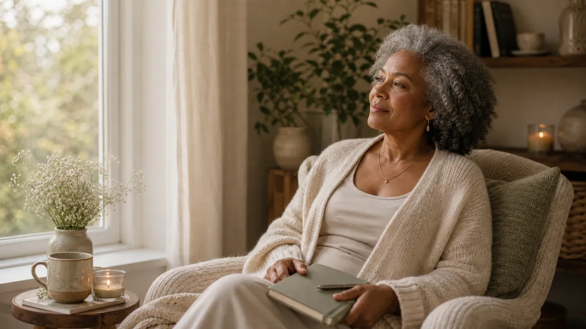 Woman setting a journal down on her lap, looking out gently, soft daylight.