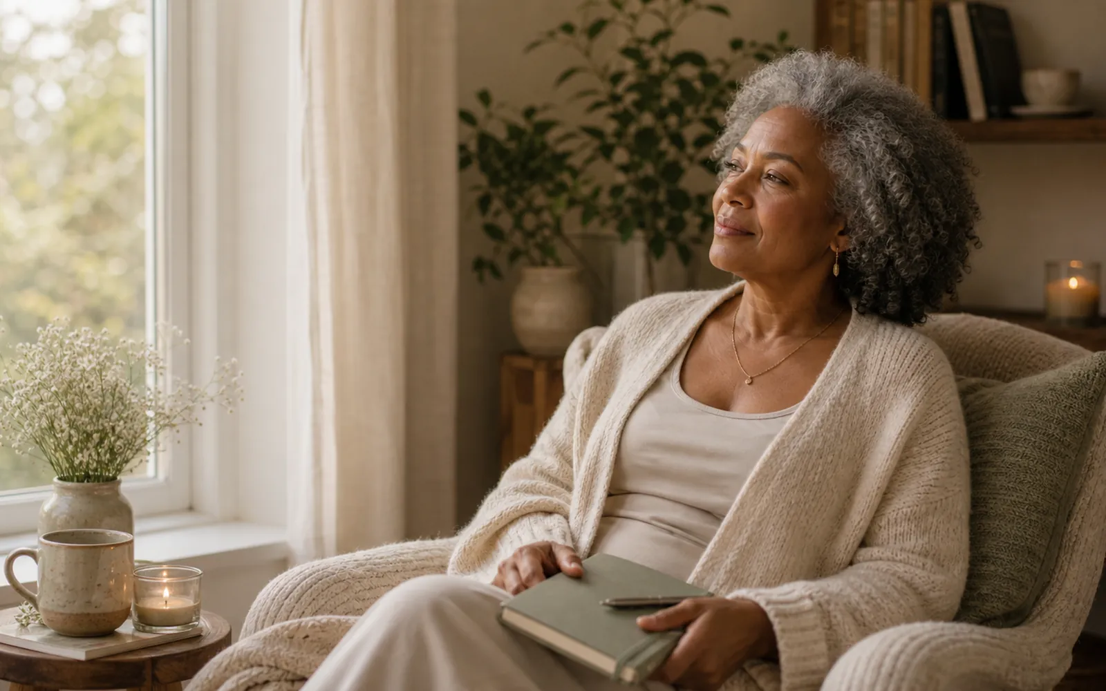 Woman setting a journal down on her lap, looking out gently, soft daylight.