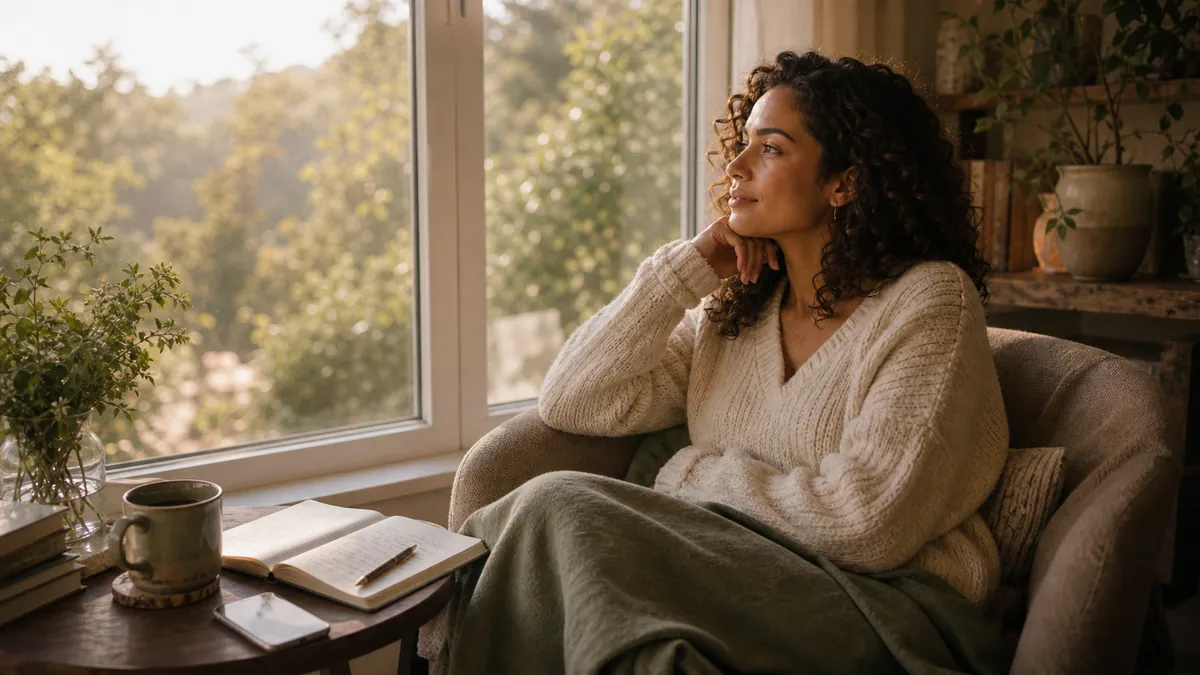 Woman by a window with her phone set down, contemplative, soft natural light.