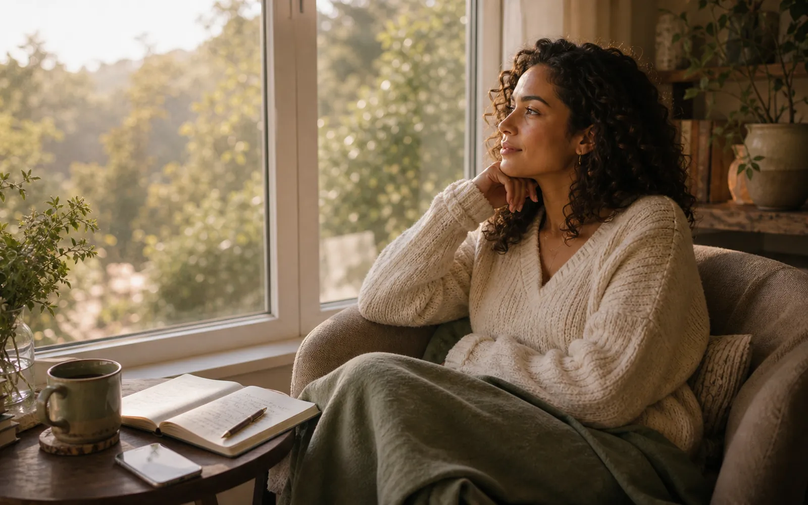 Woman by a window with her phone set down, contemplative, soft natural light.