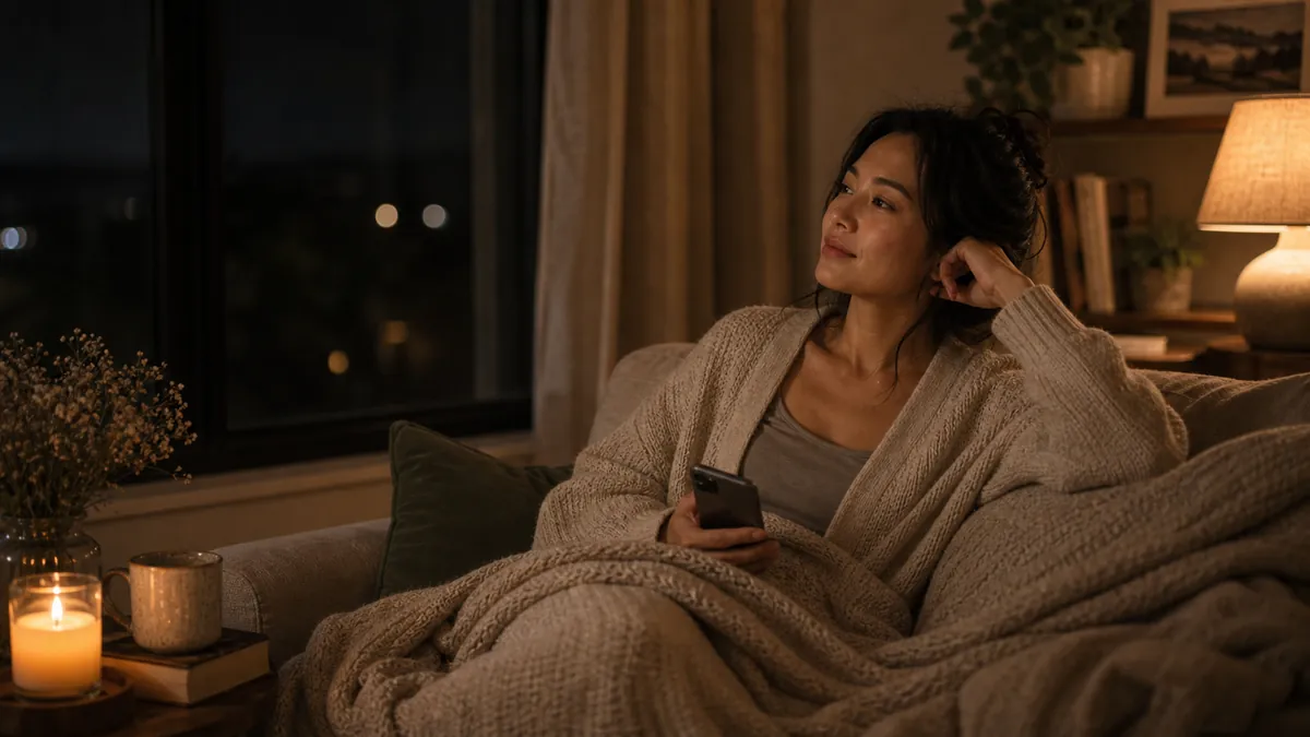 Woman cozy at night under lamplight with her phone, tired but reclaiming the quiet, warm low light.