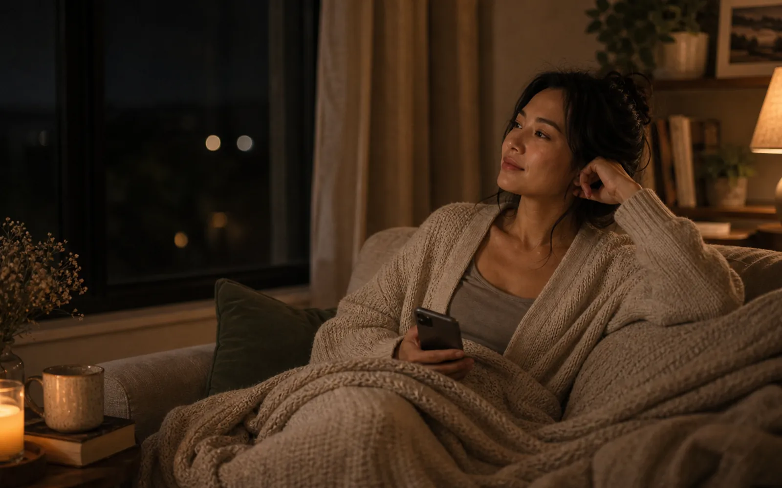 Woman cozy at night under lamplight with her phone, tired but reclaiming the quiet, warm low light.