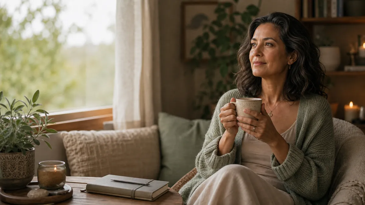 Woman sitting upright with tea, calm and grounded, soft daylight.