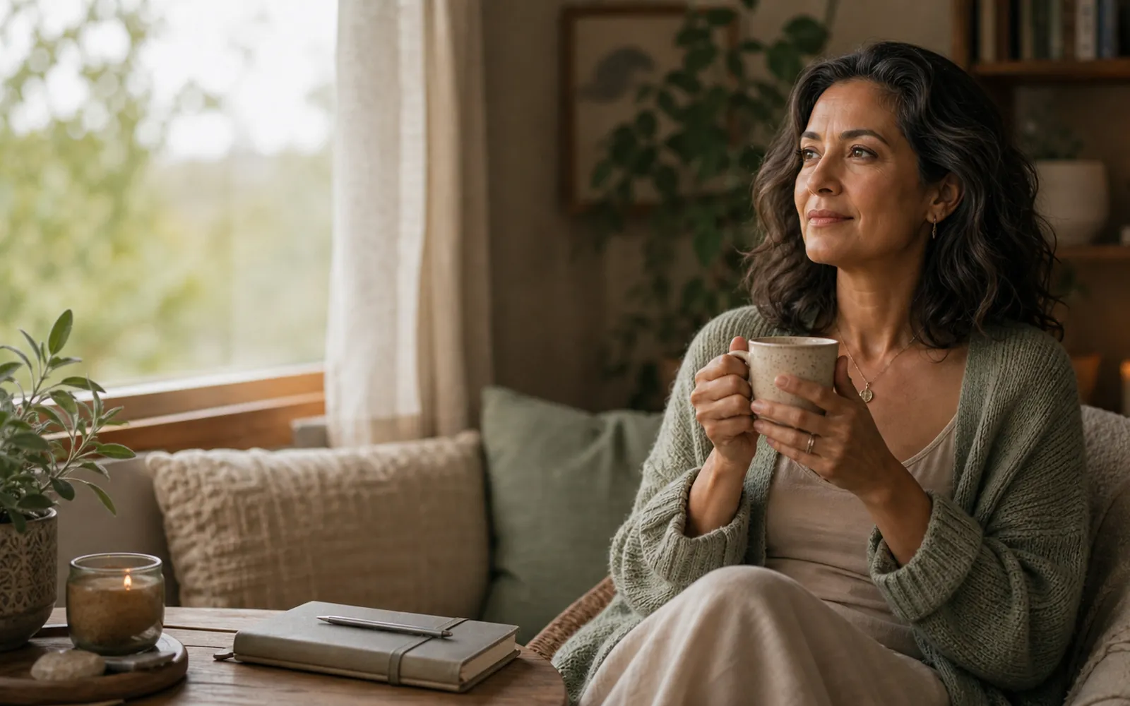 Woman sitting upright with tea, calm and grounded, soft daylight.